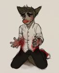  anthro big_nose blood blood_on_clothing blood_on_face blood_on_hand bodily_fluids bottomwear brown_body brown_fur brown_hair canid canine canis chubbyfurries clothed clothing colored_sketch converse_shoes crying domestic_dog dress_shirt ears_back ethan_(chubbyfurries) eyebrows frown fully_clothed fur gore hair kneeling kneeling_down low_res male mammal pants pivoted_ears red_blood sad scar self_harm shirt simple_background sketch sleeves_rolled_up solo tears thick_eyebrows topwear wounded 