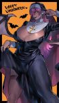  1girl arm_up bat black_dress black_nails breasts cleavage covered_navel covered_nipples cross cross_necklace dark_skin demon_girl demon_wings dress earrings erection erection_under_clothes eyebrows_visible_through_hair fingernails glowing glowing_eyes halloween highres jewelry large_breasts long_fingernails mogiki_hayami necklace nun original pantyhose penis pink_hair pointy_ears red_eyes shaded_face sharp_fingernails slit_pupils smile solo succubus turtleneck wings yellow_eyes 