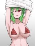  1girl armpits arms_up bikini breasts breasts_apart collarbone commentary english_commentary eyebrows_visible_through_hair green_hair hair_between_eyes highres kazami_yuuka looking_at_viewer mata_(matasoup) medium_breasts medium_hair micro_bikini navel one_eye_closed open_mouth plaid plaid_bikini plaid_swimsuit red_bikini red_eyes red_swimsuit solo stomach swimsuit touhou triangle_mouth underboob undressing upper_body 
