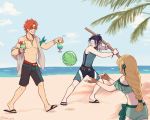  1girl 2boys beach black_hair blindfold blonde_hair blue_sky brown_gloves closed_mouth cloud cup day drinking_straw felix_hugo_fraldarius fingerless_gloves fire_emblem fire_emblem:_three_houses fire_emblem_heroes flower food from_behind fruit glass gloves grin hair_flower hair_ornament highres holding holding_cup ingrid_brandl_galatea jewelry long_hair multiple_boys necklace outdoors red_hair rubi_arts sandals short_hair sky smile sunglasses swimsuit sylvain_jose_gautier twitter_username water watermelon 