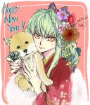  1girl 2018 bag bow braid c.c. closed_mouth code_geass dated eyebrows_visible_through_hair floral_print green_hair hair_between_eyes hair_bow happy_new_year holding_dog japanese_clothes kimono long_hair looking_at_viewer new_year print_kimono red_background red_kimono roman_buriki signature smile solo striped tied_hair very_long_hair yellow_eyes 