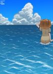  1girl blue_sky bobokuboboku brown_jacket character_name cloud commentary_request dated day from_behind highres i-26_(kantai_collection) jacket kantai_collection light_brown_hair long_hair ocean outdoors short_sleeves sky solo twitter_username two_side_up water 