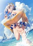  1girl amane_kanata angel_wings barefoot boat casino_(casinoep) checkered checkered_swimsuit eating food highres hololive leg_up medium_hair multicolored_hair popsicle soles solo splashing swimsuit toes watercraft wings 