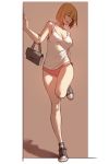  1girl adjusting_clothes adjusting_shoe bag blonde_hair bob_cut breasts closed_eyes dako6995 handbag highres pink_shorts shoes short_hair short_shorts shorts sneakers tank_top thighs white_tank_top 