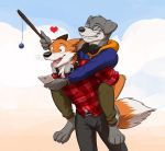  &lt;3 anthro blueberry_(fruit) brown_eyes canid canine canis cellphone clothing domestic_dog duo eyewear fishing_rod folded_ears food fox fruit glasses green_eyes headphones heterochromia hoodie male mammal mountain_aj phone plant riding_on_back shirt smartphone smile temiree topwear 