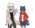  anthro belt black_body black_fur black_hair black_nose blue_body blue_eyes blue_fur blue_hair bottomwear brand_new_animal breasts brown_body brown_fur caffeicbunny canid canine clothed clothing coat collar crossgender duo female fluffy fluffy_tail fur gender_symbol hair hi_res holding_object holding_weapon jacket long_hair male mammal michiru_kagemori multicolored_body multicolored_fur multicolored_hair portrait raccoon_dog shirou_ogami studio_trigger symbol tanuki three-quarter_portrait topwear weapon ♀ ♂ 