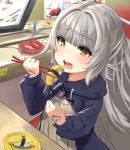  1girl azur_lane bangs black_jacket blurry blurry_background blush brown_dress brown_eyes chopsticks commentary_request conveyor_belt_sushi depth_of_field drawstring dress eyebrows_visible_through_hair food grey_hair hands_up highres holding holding_chopsticks indoors isobe_eiji jacket long_hair long_sleeves looking_away mole mole_under_eye open_clothes open_jacket open_mouth plate puffy_long_sleeves puffy_sleeves sidelocks solo sushi upper_body upper_teeth very_long_hair z46_(azur_lane) 