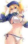  1girl ahoge artoria_pendragon_(all) bangs baseball_cap bikini blonde_hair blue_eyes blue_headwear blue_jacket breasts cleavage cropped_jacket fate/grand_order fate_(series) hair_between_eyes hair_through_headwear hat highres jacket large_breasts long_hair long_sleeves looking_at_viewer mysterious_heroine_xx_(foreigner) navel ponytail shrug_(clothing) side-tie_bikini sidelocks smile swimsuit white_bikini wristband yahan_(mctr5253) 