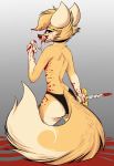  2020 absurd_res anthro blood bodily_fluids butt canid canine dagger female fox fur gore grey_background hi_res holding_object holding_weapon juantriforce looking_back mammal melee_weapon open_mouth open_smile panties_only sharp_teeth simple_background smile solo teeth tongue tongue_out weapon yellow_body yellow_fur 