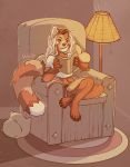  2020 ailurid anthro armchair barefoot book bottomwear chair clothing female furniture hi_res holding_book holding_object inside lamp looking_at_viewer mammal navel one_eye_closed pillow red_panda rupey shirt shorts sitting smile solo topwear vailet_deer 