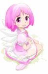  1girl :d bangs blush commentary_request dress fairy fairy_wings gdgd_fairies grass hands_together looking_at_viewer looking_back medium_hair ohyo open_mouth pikupiku pink_eyes pink_hair puffy_short_sleeves puffy_sleeves raised_eyebrows shoes short_sleeves sitting smile solo sweatdrop tongue wariza wings 