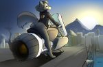  biker_jacket bottomless bridge canid canine city cityscape clothed clothing eyes_closed female feretta fox fur grey_body grey_fur hi_res hoverbike jacket mammal motorcycle mountain red_fox silver_fox sunset topwear vehicle vix_(feretta) 