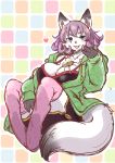  2020 anthro blue_eyes breasts canid canine cleavage clothed clothing female fox fur hair hi_res kemono legwear mammal open_mouth purple_hair setouchi_kurage solo thigh_highs white_body white_fur 
