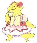  accessory alphys anthro barefoot breasts clothed clothing dress eyes_closed female hair_accessory hair_bow hair_ribbon hand_on_face non-mammal_breasts nsuprem overbite reptile ribbons scales scalie smile solo standing thick_tail undertale video_games yellow_body yellow_scales 