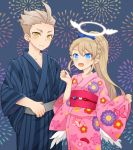  1boy 1girl alvin_granford angel angel_wings blonde_hair blue_eyes blush braid crown_braid earrings feathered_wings fireworks hair_ribbon halo japanese_clothes jewelry kimono light_brown_hair liliana_hart male_focus obi panunpa ponytail pop-up_story ribbon sash smile white_wings wings yellow_eyes yukata 