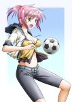  1girl :d baldr_sky ball belt breasts cleavage gradient gradient_background highres hood hood_down jacket midriff nagisa_chinatsu navel open_mouth outdoors pink_hair ryuui_(yokuryu) sidelocks simple_background smile soccer_ball solo standing yellow_eyes 