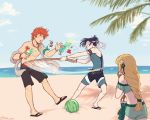  1girl 2boys beach black_hair blindfold blonde_hair blue_sky brown_gloves closed_mouth cloud cup day drinking_straw felix_hugo_fraldarius fingerless_gloves fire_emblem fire_emblem:_three_houses fire_emblem_heroes flower food from_behind fruit glass gloves hair_flower hair_ornament highres holding holding_cup ingrid_brandl_galatea jewelry long_hair multiple_boys necklace open_mouth outdoors red_hair rubi_arts sandals short_hair sky sunglasses swimsuit sylvain_jose_gautier twitter_username water watermelon 