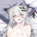  1girl animal_ears arknights bed_sheet black_nails blush breasts cameo chinese_commentary collarbone dakimakura eyebrows_visible_through_hair fangs from_above hair_between_eyes hair_ornament hairclip hand_on_own_cheek heart heart-shaped_pupils jiushi_shijiu lappland_(arknights) lips long_hair looking_at_viewer lying medium_breasts nail_polish nipples on_back open_mouth ore_lesion_(arknights) photo_(object) pillow scar scar_across_eye silver_eyes silver_hair smile solo sweat symbol-shaped_pupils texas_(arknights) topless upper_body wolf_ears 