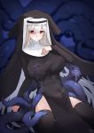  1girl absurdres arknights black_dress black_legwear breasts dress expressionless habit hair_between_eyes hand_on_own_chest highres large_breasts long_hair niaogao no_panties red_eyes silver_hair sitting sleeves_past_wrists solo specter_(arknights) tentacles tentacles_under_clothes thighhighs very_long_hair wariza 