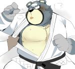  2020 animal_crossing anthro belly black_nose blush bodily_fluids clothed clothing curt_(animal_crossing) humanoid_hands hyaku_(artist) kemono male mammal nintendo overweight overweight_male simple_background solo_focus sweat ursid video_games 