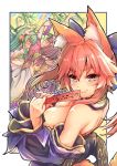  3girls animal_ear_fluff animal_ears aqua_hair aqua_kimono bamboo bamboo_forest bare_shoulders black_hair blue_kimono blue_ribbon blush breasts brown_hair cleavage cloak commentary commentary_request detached_sleeves dragon_girl dragon_horns eyebrows_visible_through_hair fang fate/extella fate/extra fate/grand_order fate_(series) forest fox_ears fox_girl fox_tail gradient_hair green_hair hair_ribbon hairband hood hooded_cloak horns japanese_clothes kimono kiyohime_(fate/grand_order) large_breasts long_hair looking_at_viewer low_twintails multicolored_hair multiple_girls multiple_horns nature origami osakabe-hime_(fate/grand_order) pink_cloak pink_hair ribbon sash skin_fang tail tamamo_(fate)_(all) tamamo_no_mae_(fate) twintails very_long_hair wisespeak yellow_eyes 