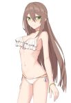  1girl absurdres adele_(fate) bangs bare_shoulders bikini blush breasts brown_hair cleavage closed_mouth collarbone elfenlied22 fate/grand_order fate_(series) frilled_bikini frills green_eyes highres long_hair looking_at_viewer medium_breasts navel smile swimsuit thighs white_bikini 