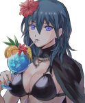  1girl bikini black_bikini blue_eyes blue_hair breasts byleth_(fire_emblem) byleth_(fire_emblem)_(female) cleavage cup drinking drinking_straw fire_emblem fire_emblem:_three_houses fire_emblem_heroes flower glass hair_flower hair_ornament highres holding holding_cup kometubu0712 simple_background solo swimsuit upper_body white_background 