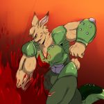  1:1 abs anthro armor blood bodily_fluids cotton_tail daisy_(doom) doom_(series) female giltori id_software lagomorph leporid mammal muscular muscular_female orange_background punching rabbit simple_background solo video_games violence 