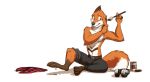  anthro brown_eyes brush canid canine clothed clothes_pile clothing ear_pull fox green_eyes headphones heterochromia male mammal mountain_aj muddy paint paint_bucket paintbrush solo temiree topless 