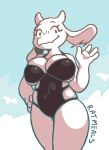  2020 4_fingers anthro big_breasts boss_monster bovid breasts caprine cleavage clothed clothing eyelashes female fingers floppy_ears fur hand_on_hip horn long_ears mammal navel_outline one-piece_swimsuit outside portrait ratmeals smile solo standing swimwear three-quarter_portrait toriel undertale video_games white_body white_fur 