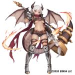  1girl arm_up armored_boots armpits bandeau belt belt_pouch black_gloves black_legwear black_shorts boots braid breasts cleavage crop_top cutoffs dragon_girl dragon_horns dragon_tail dragon_wings exe_(xe) fire fortress_girl full_body gloves grey_hair highleg highleg_panties highres holding holding_mallet holding_weapon horns knee_boots large_breasts leg_belt long_hair looking_at_viewer mallet micro_shorts midriff navel official_art panties pink_eyes pointy_ears pouch scarf shield shorts shoulder_armor simple_background single_braid single_thighhigh skindentation smile solo spaulders standing stomach string_panties tachi-e tail thighhighs thighs torn_clothes torn_legwear underboob underwear very_long_hair vest watermark weapon white_background wings 