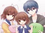  1boy 2girls antenna_hair artist_name bangs brown_eyes brown_hair clannad closed_mouth collarbone commentary_request dango_daikazoku drsn eyelashes family furukawa_nagisa hair_between_eyes holding looking_at_viewer multiple_girls okazaki_tomoya okazaki_ushio open_mouth petals shiny shiny_hair short_hair smile white_background 