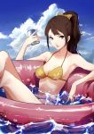  1girl alternate_hairstyle bikini blue_sky bow breasts brown_eyes brown_hair can cleavage cloud cloudy_sky commentary day english_commentary floating hair_bow highres innertube kujikawa_rise kunomd medium_breasts partially_submerged persona persona_4 ponytail sky soda_can solo swimsuit water 