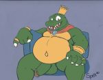 2020 anthro balls belly big_belly bodily_fluids bracelet cape claws clothing crocodilian crown digital_media_(artwork) donkey_kong_(series) fangs genitals half-erect hi_res humanoid_genitalia humanoid_penis jewelry king king_k._rool kremling looking_at_viewer male muscular muscular_anthro muscular_male navel nintendo nude open_mouth overweight overweight_anthro overweight_male pecs penis red_eyes reptile ring royalty saliva scalie sharp_claws sharp_teeth simple_background sitting smile solo spectral-bat teeth tongue tongue_out video_games 