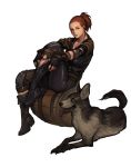  1girl barrel boots buckle cheyenne_(fallout) dog fallout_new_vegas full_body highres looking_at_viewer penett ponytail red_hair sitting sunny_smiles transparent_background 
