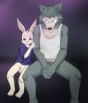  absurd_res anthro balls beastars bottomless canid canine canis clothed clothing crossgender duo fur genitals grey_body grey_ears grey_fur hand_on_arm haru_(beastars) hi_res holding_arm lagomorph legoshi_(beastars) leporid looking_at_another lylejones male male/male mammal penis rabbit sitting sleeveless_shirt wolf 