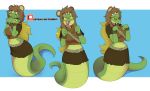  belly_scales belt black_bottomwear black_clothing black_skirt bottomwear breasts clothed clothing eyelashes eyes_closed fangs female green_body green_scales green_tail hands_on_cheeks hi_res naga norithecat open_mouth pink_tongue reptile scales scalie serpentine skirt snake tongue topwear 