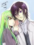  1boy 1girl 2018 belt black_belt blue_background brown_hair c.c. code_geass dated green_hair grey_shirt highres jacket leaning_to_the_side lelouch_lamperouge long_hair long_sleeves open_clothes open_jacket purple_eyes roman_buriki shiny shiny_hair shirt signature straight_hair upper_body very_long_hair whispering white_jacket yellow_eyes 