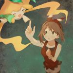  1girl :o arm_up bangs bike_shorts blush bracelet brown_hair clenched_hand commentary_request eyebrows_visible_through_hair finger_touching gen_3_pokemon hadu_eru hairband haruka_(pokemon) jewelry jirachi looking_up mythical_pokemon pokemon pokemon_(creature) pokemon_(game) pokemon_oras red_hairband red_shirt shirt starry_background 