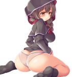  1girl ass bare_legs black_capelet blush braid breasts brown_eyes brown_hair capelet commentary_request eyebrows_visible_through_hair from_behind highres hood hooded_capelet kantai_collection kneehighs kurokoshou_(emuburemu123) large_breasts long_hair long_sleeves looking_at_viewer no_pants panties seiza shinshuu_maru_(kantai_collection) simple_background sitting soles solo sweatdrop thighs twin_braids underwear 
