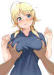  1girl ahoge bangs blonde_hair blue_eyes blue_shirt blush breast_grab breasts flying_sweatdrops grabbing hachimiya_meguru hair_ornament hairclip hands_up idolmaster idolmaster_shiny_colors kanzarin_(hoochikiss) large_breasts long_hair looking_at_viewer low_twintails open_mouth polo_shirt shirt short_sleeves simple_background solo_focus star_(symbol) star_hair_ornament swept_bangs twintails 