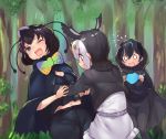  3girls atlantic_puffin_(kemono_friends) bird_girl bird_tail bird_wings black_cape black_fur black_hair black_jacket black_legwear black_shirt black_sweater blue_eyes blue_hair blush bow bowtie cape commentary_request eyebrows_visible_through_hair flying_sweatdrops fur_trim greater_lophorina_(kemono_friends) green_hair head_wings jacket kemono_friends leggings long_sleeves multicolored_hair multiple_girls one_eye_closed orange_hair shirt short_hair short_sleeves skirt sweater tadano_magu western_parotia_(kemono_friends) white_hair white_shirt white_skirt wings 