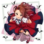  1girl asanaya bat blush brown_hair claw_pose commentary_request dress fang fingerless_gloves garter_straps gloves hair_ornament highres idolmaster idolmaster_million_live! idolmaster_million_live!_theater_days long_hair looking_at_viewer minase_iori my_dear_vampire nail_polish open_mouth puffy_short_sleeves puffy_sleeves red_eyes red_footwear red_nails shoes short_sleeves smile thighhighs tongue 