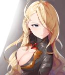  1girl absurdres blonde_hair blue_eyes bodysuit breasts center_opening cleavage curly_hair earrings granblue_fantasy hair_over_one_eye highres hinataa jewelry long_hair predator_(granblue_fantasy) solo 