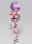  1girl arms_behind_back bare_shoulders blush bound bound_arms bound_legs bound_torso bow_footwear breasts cleavage collarbone dress fate/grand_order fate_(series) ffffff gradient gradient_background highres large_breasts mash_kyrielight purple_dress purple_eyes sandals shadow shibari short_hair solo standing sundress white_dress 