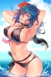  1girl bangs bikini blue_eyes blue_hair breasts byleth_(fire_emblem) byleth_(fire_emblem)_(female) choker fire_emblem fire_emblem:_three_houses flower hair_flower hair_ornament highres kin_mokusei large_breasts long_hair looking_at_viewer navel solo swimsuit water water_drop wavy_hair 