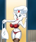  anthro apron big_breasts bimbo_(bakery) bimbo_bear bimbo_bread blue_eyes bra breasts chef_hat cleavage clothed clothing eyeshadow female fur hat headgear headwear hi_res holding_clothing legwear lingerie lips makeup mammal mascot open_mouth open_smile panties polar_bear seductive smile solo stockings the_knight thick_thighs thigh_highs underwear ursid ursine white_body white_fur wide_hips 
