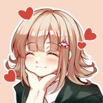  1girl bangs beige_background black_jacket blush brown_hair closed_eyes closed_mouth commentary_request danganronpa eyebrows_visible_through_hair face hair_ornament hairclip hand_on_another&#039;s_chin heart highres huo-yao_sama jacket nanami_chiaki out_of_frame shirt short_hair simple_background smile solo_focus spaceship_hair_ornament super_danganronpa_2 white_shirt 