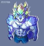  2019 abs anthro biceps canid canine canis clothing digital_media_(artwork) fenrir_(housamo) fur hair hi_res male mammal muscular muscular_anthro muscular_male pecs simple_background solo tokyo_afterschool_summoners video_games wolf wolfmalro 