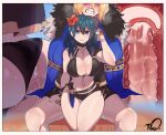  1boy 1girl ass bikini bikini_aside black_bikini blonde_hair blue_hair breasts byleth_(fire_emblem) byleth_(fire_emblem)_(female) chain cleavage clenched_teeth cross-section cum cum_in_ass dagger fire_emblem fire_emblem:_three_houses flower hair_between_eyes hair_flower hair_ornament highres large_breasts long_hair looking_at_viewer navel nyantcha penis purple_eyes reverse_upright_straddle sex sitting solo_focus swimsuit teeth uncensored vaginal weapon 